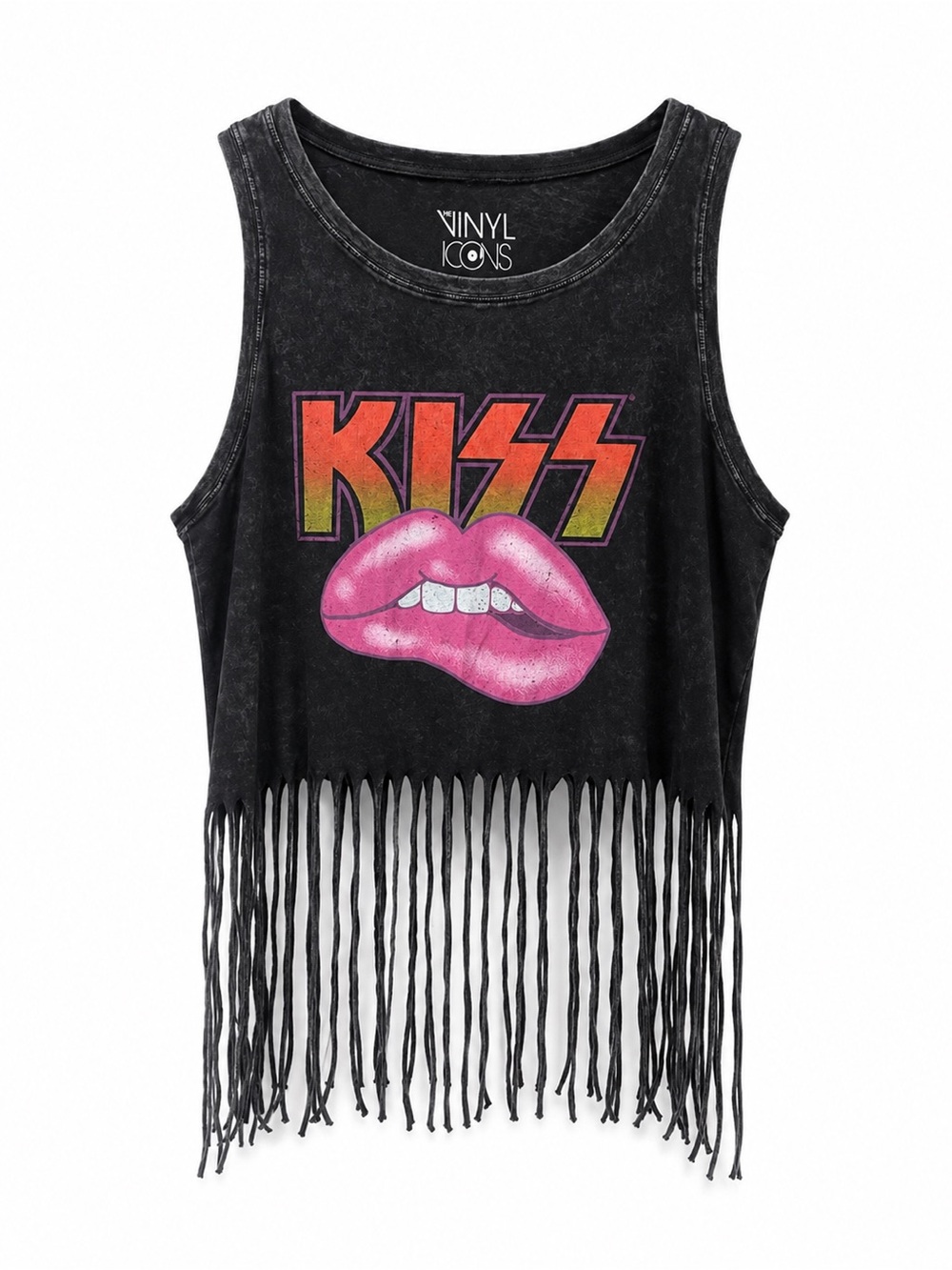 VINYL ICONS Black KISS Graphic Fringe Tank Top - Pink Lips